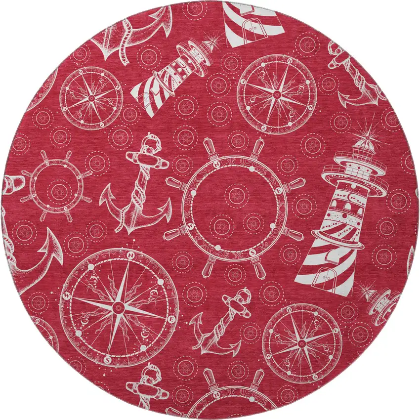 8' Red And Ivory Nautical Washable Round Rug With UV Protection Photo 4