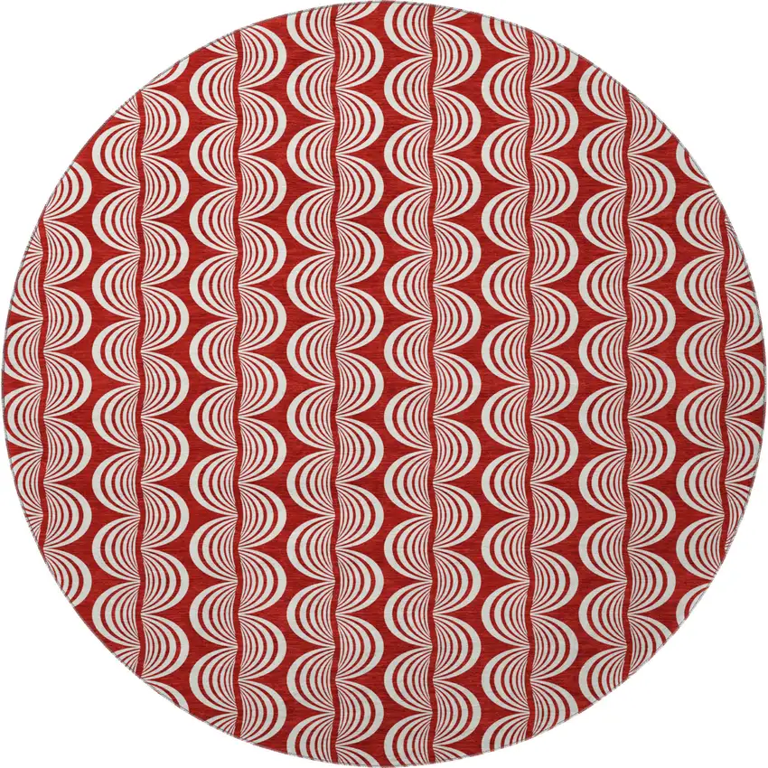 8' Red And Ivory Ogee Washable Round Rug With UV Protection Photo 3