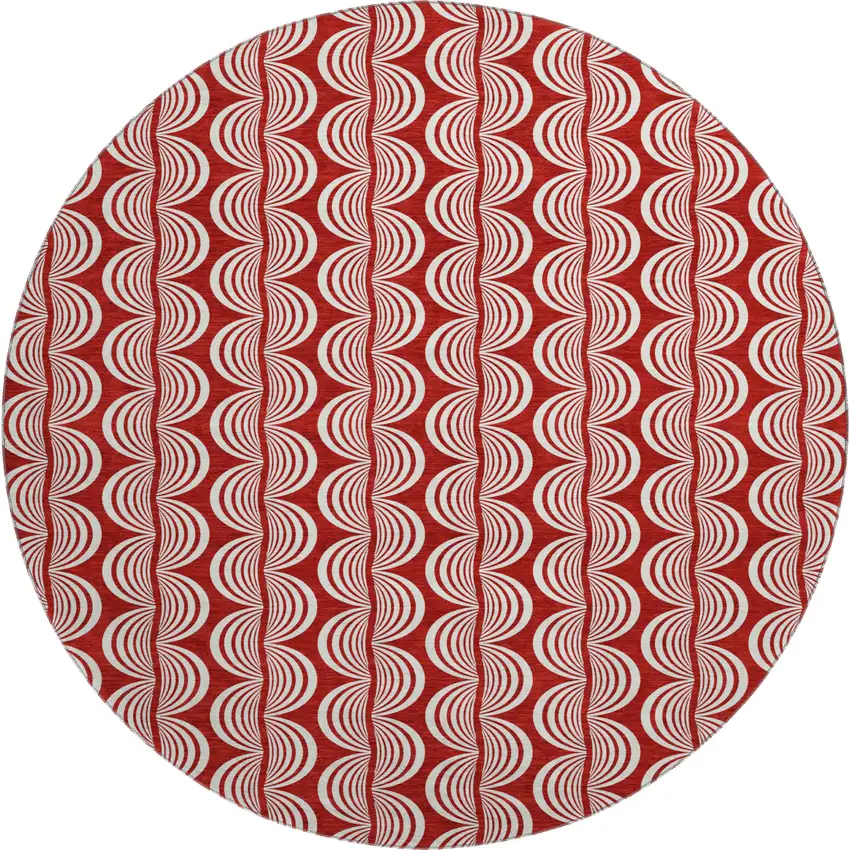 8' Red And Ivory Ogee Washable Round Rug With UV Protection Photo 1
