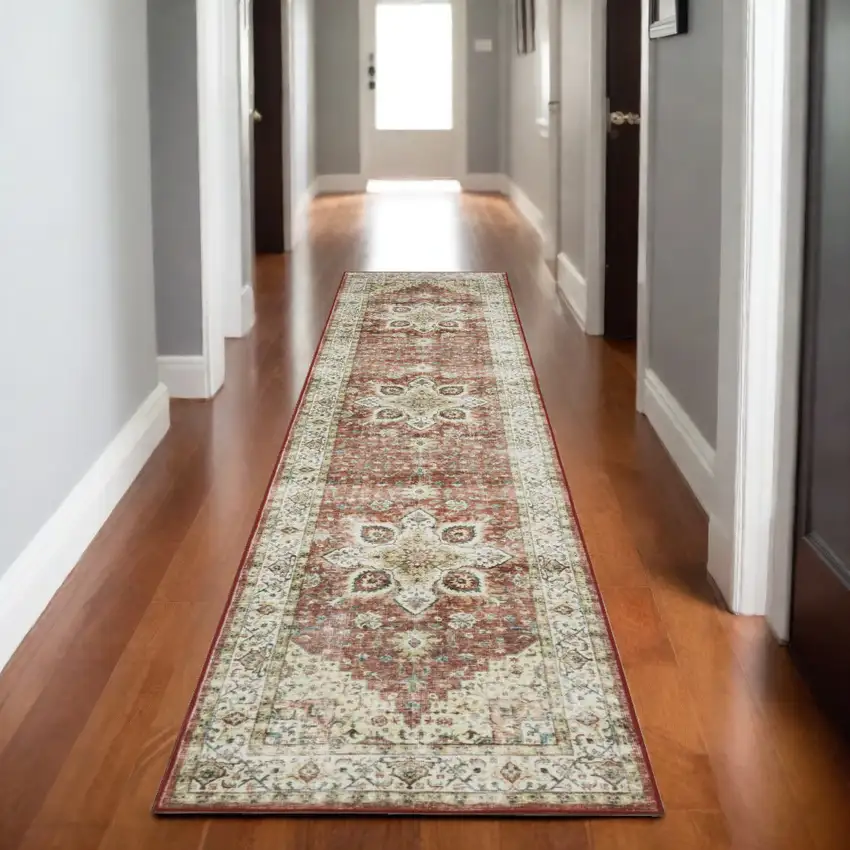 8' Red And Ivory Oriental Distressed Runner Rug Photo 1