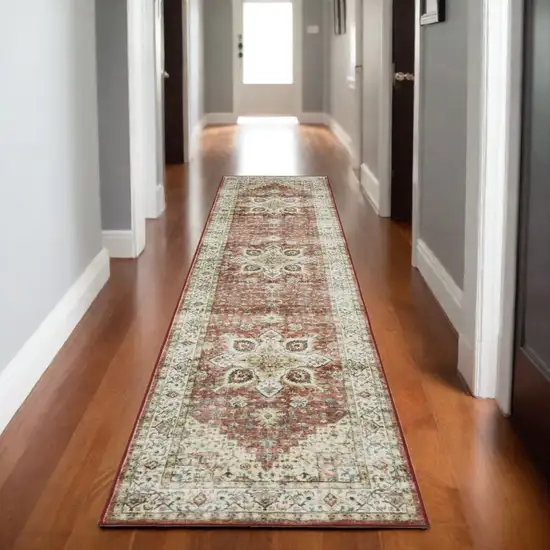 8' Red And Ivory Oriental Distressed Runner Rug Photo 1