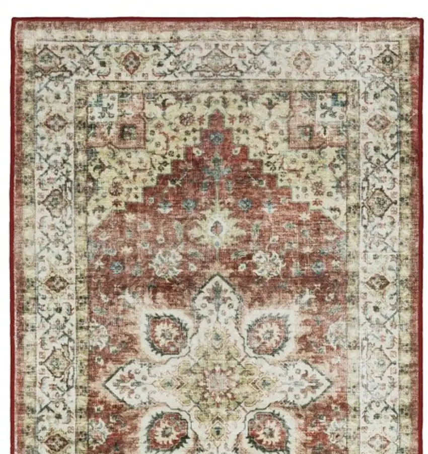 8' Red And Ivory Oriental Distressed Runner Rug Photo 5