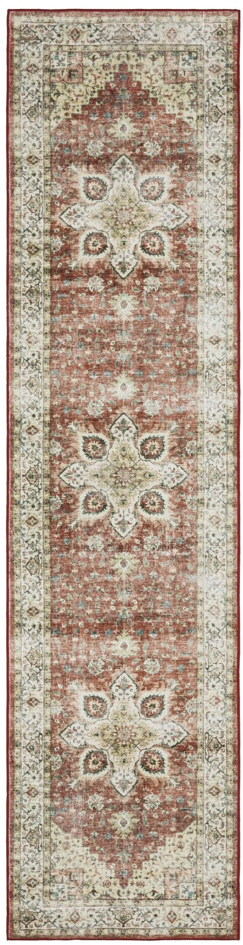 8' Red And Ivory Oriental Distressed Runner Rug Photo 2