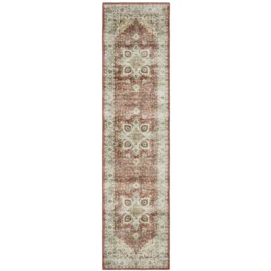 8' Red And Ivory Oriental Distressed Runner Rug Photo 2