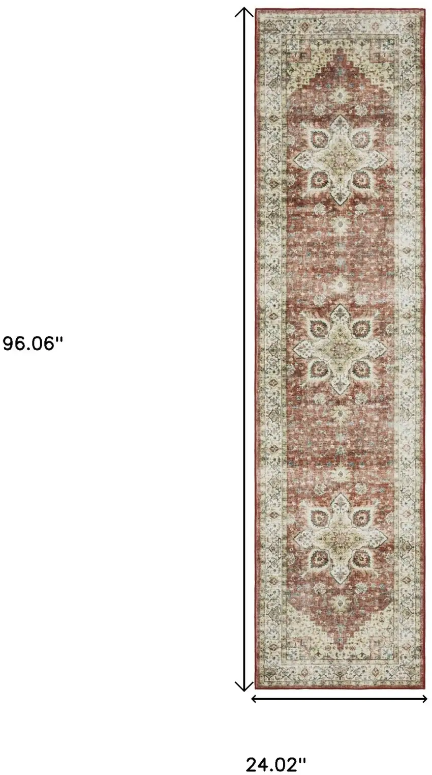 8' Red And Ivory Oriental Distressed Runner Rug Photo 3
