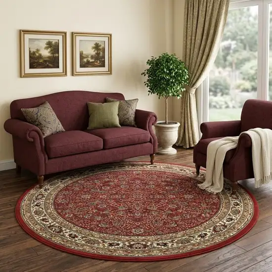 8' Red And Ivory Oriental Round Rug Photo 1