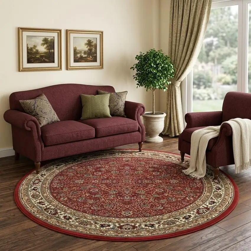 8' Red And Ivory Oriental Round Rug Photo 1