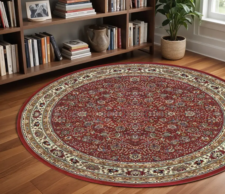 8' Red And Ivory Oriental Round Rug Photo 1