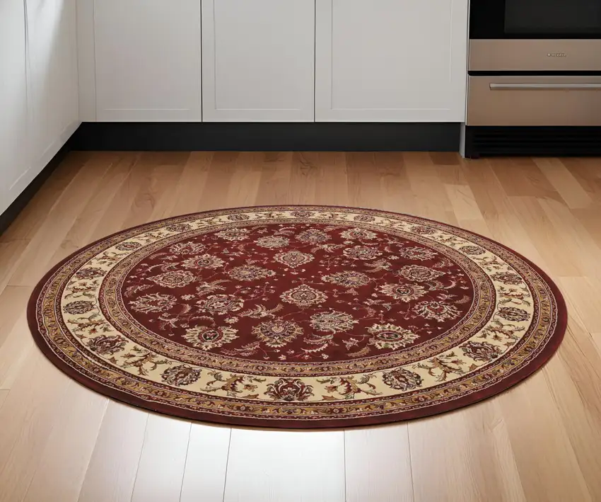 6' Red And Ivory Oriental Round Rug Photo 1
