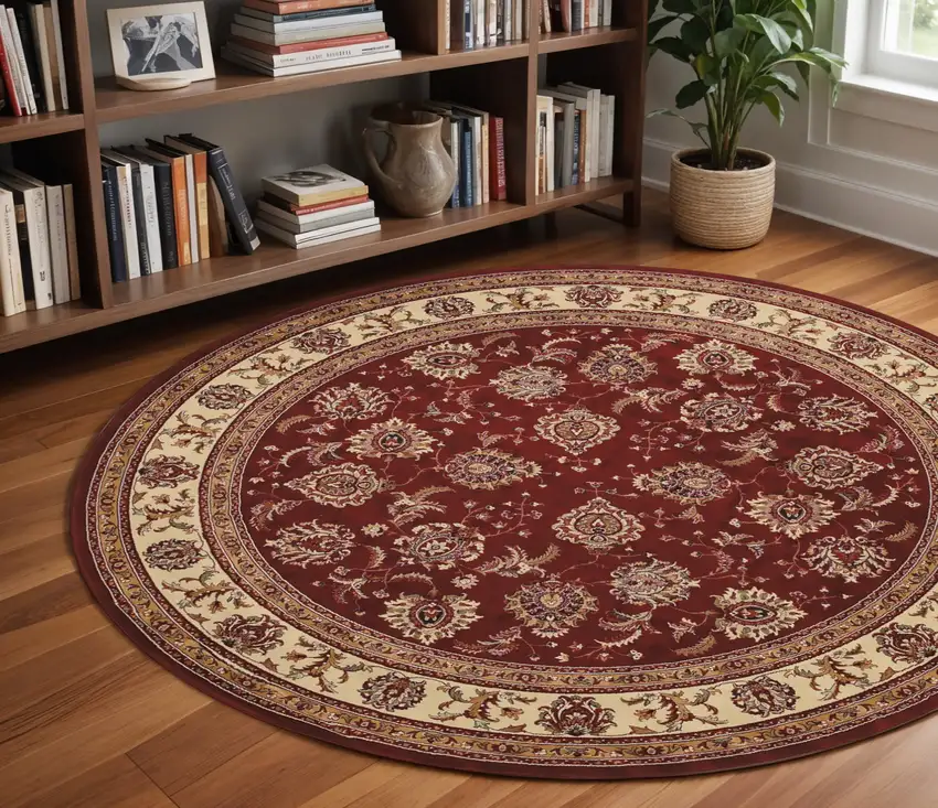 8' Red And Ivory Oriental Round Rug Photo 1