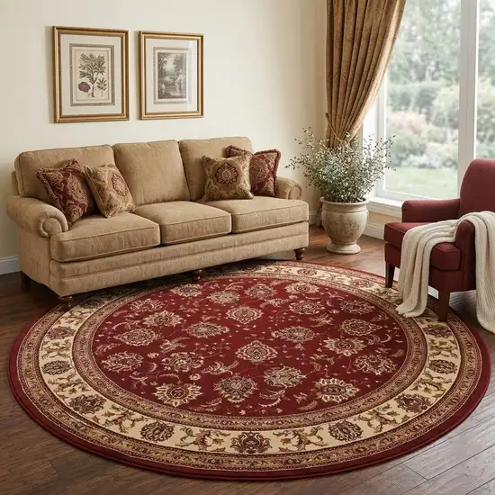 8' Red And Ivory Oriental Round Rug Photo 1