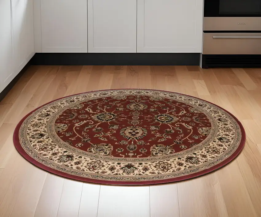 6' Red And Ivory Oriental Round Rug Photo 1