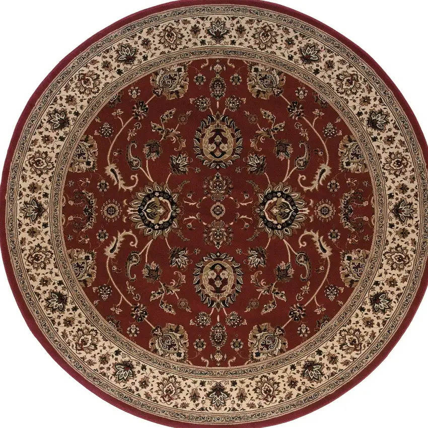 6' Red And Ivory Oriental Round Rug Photo 4