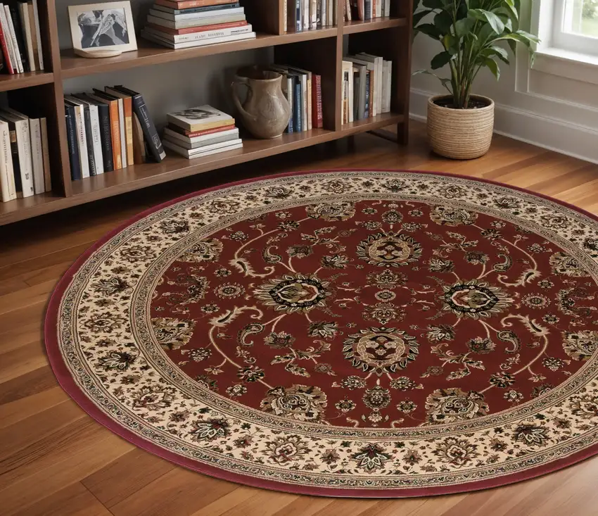 8' Red And Ivory Oriental Round Rug Photo 1