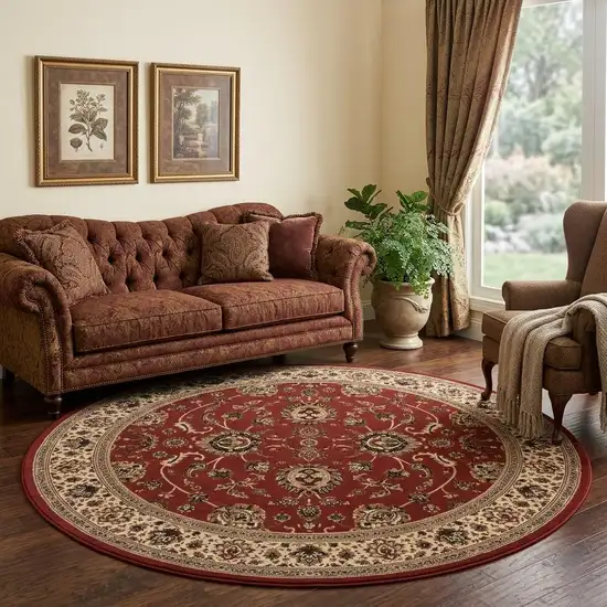 8' Red And Ivory Oriental Round Rug Photo 1