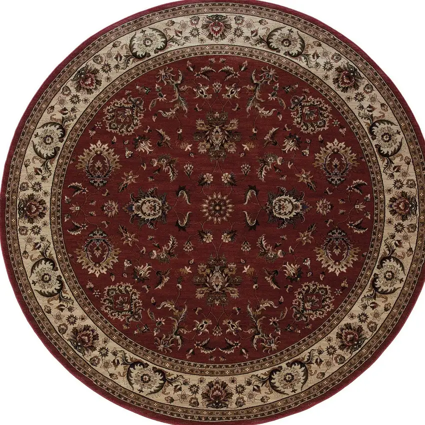 6' Red And Ivory Oriental Round Rug Photo 4