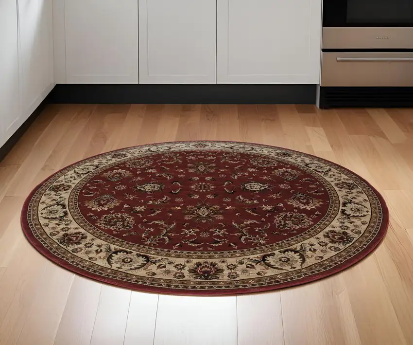 6' Red And Ivory Oriental Round Rug Photo 1