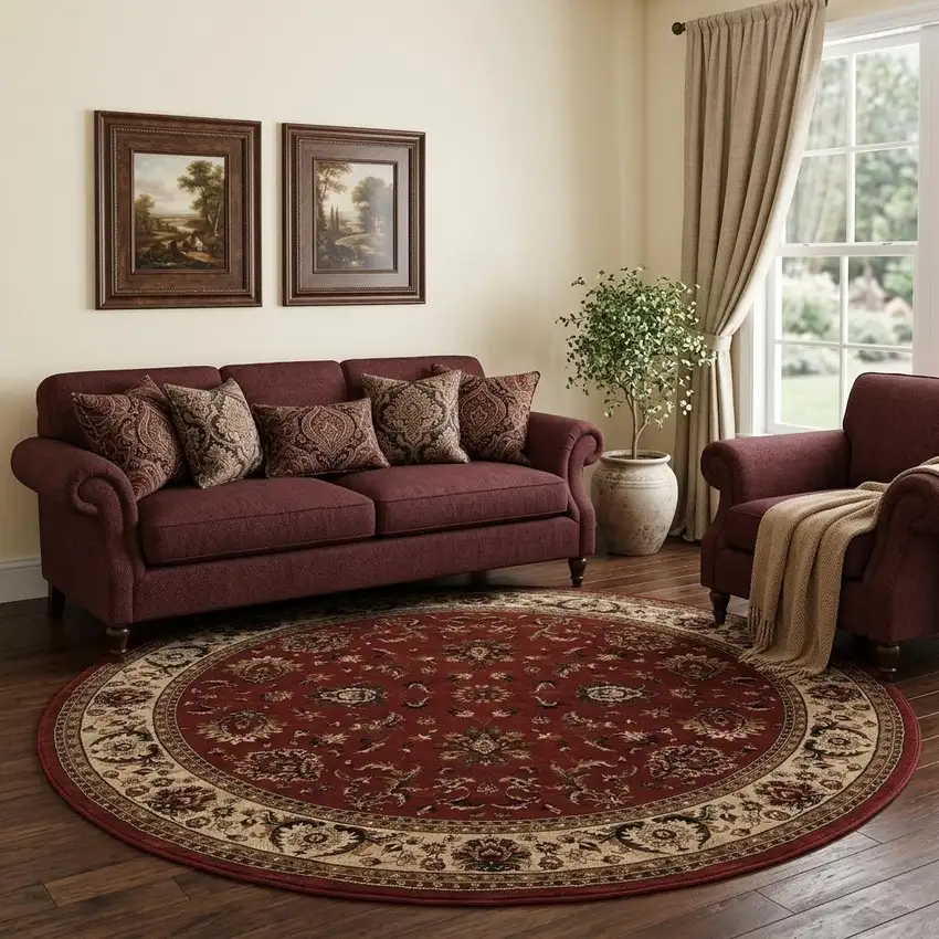 8' Red And Ivory Oriental Round Rug Photo 1