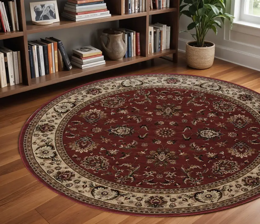 8' Red And Ivory Oriental Round Rug Photo 1