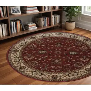 Photo of 8' Red And Ivory Oriental Round Rug