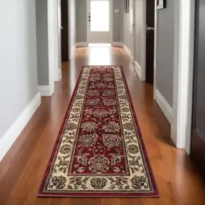 Photo of 8' Red And Ivory Oriental Runner Rug