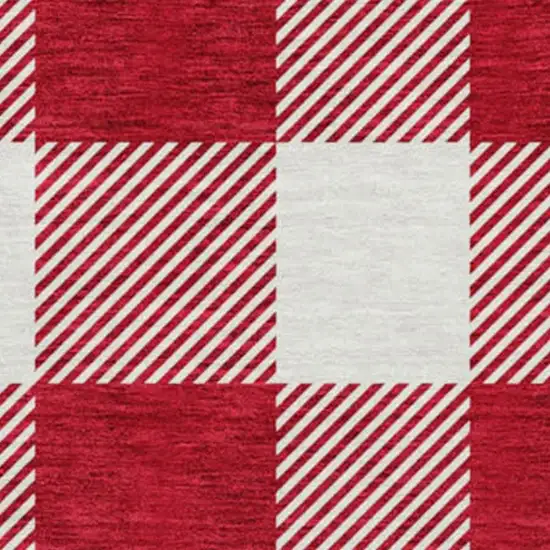 8' Red And Ivory Plaid Washable Round Rug With UV Protection Photo 2