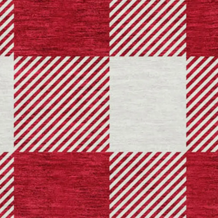 8' Red And Ivory Plaid Washable Round Rug With UV Protection Photo 2