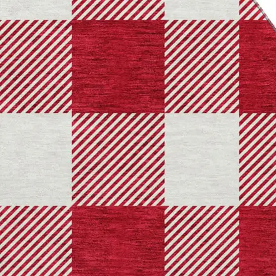 8' Red And Ivory Plaid Washable Round Rug With UV Protection Photo 3
