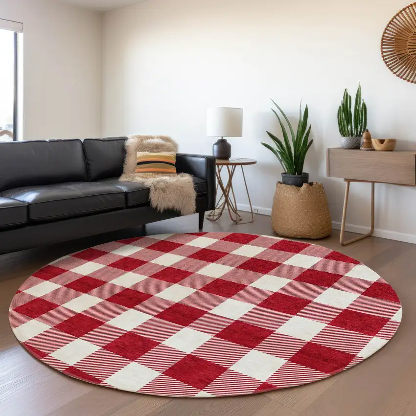 8' Red And Ivory Plaid Washable Round Rug With UV Protection Photo 4