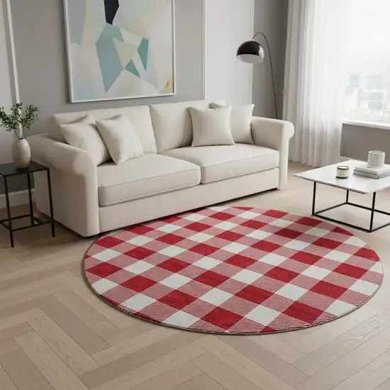 8' Red And Ivory Plaid Washable Round Rug With UV Protection Photo 2