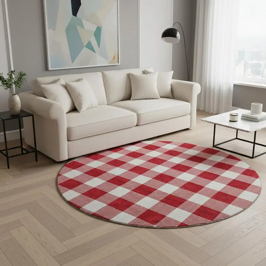 8' Red And Ivory Plaid Washable Round Rug With UV Protection Photo 2