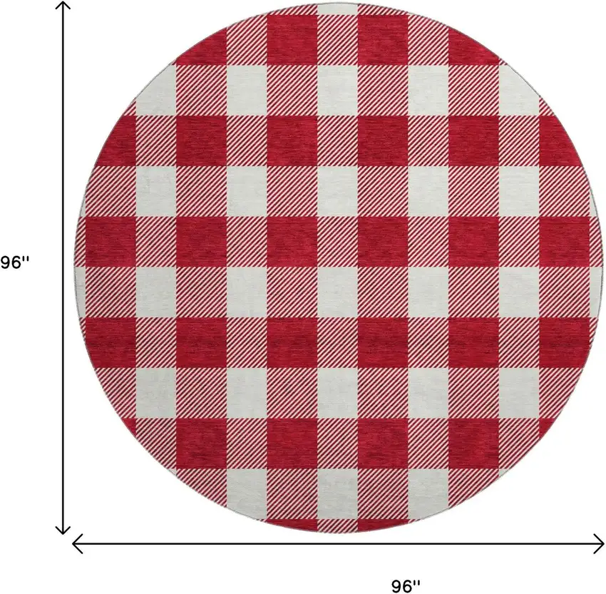 8' Red And Ivory Plaid Washable Round Rug With UV Protection Photo 9