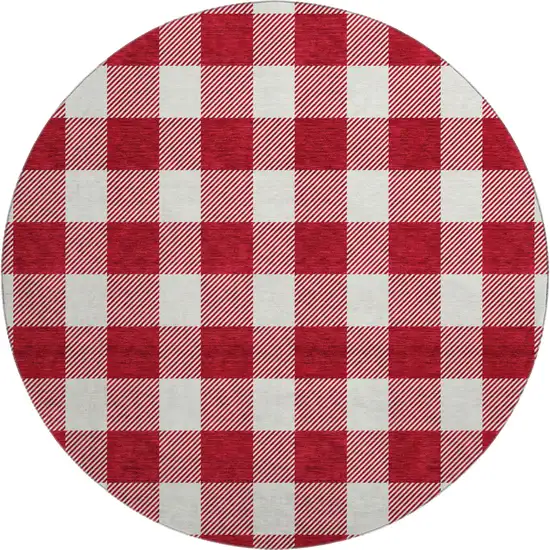 8' Red And Ivory Plaid Washable Round Rug With UV Protection Photo 1