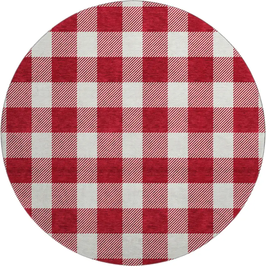 8' Red And Ivory Plaid Washable Round Rug With UV Protection Photo 1