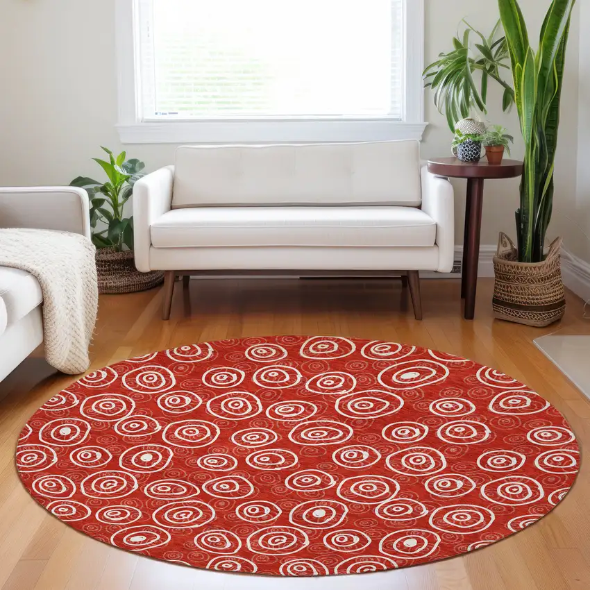 8' Red And Ivory Polka Dot Washable Round Rug With UV Protection Photo 5