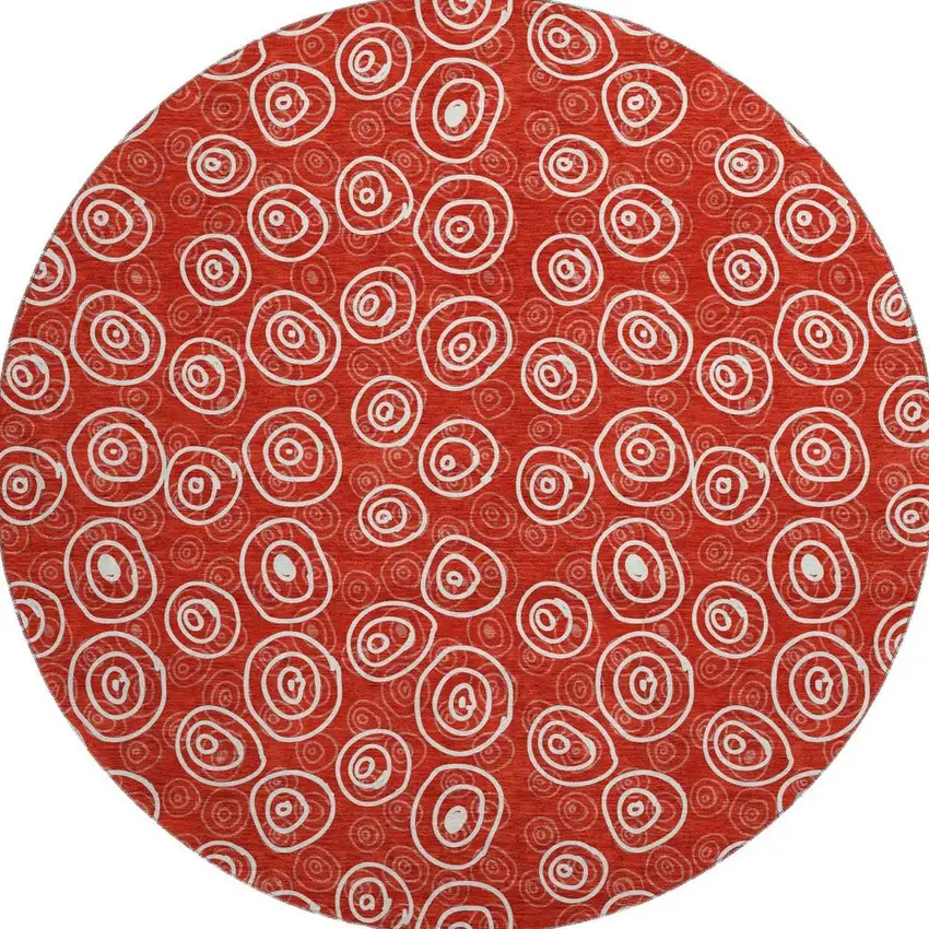 8' Red And Ivory Polka Dot Washable Round Rug With UV Protection Photo 4