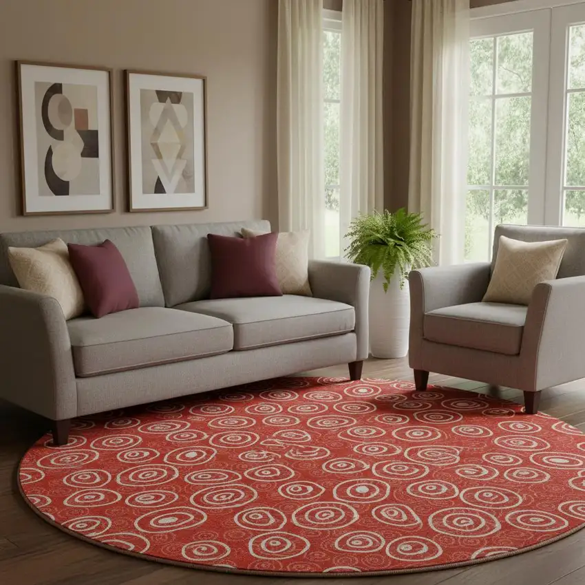 8' Red And Ivory Polka Dot Washable Round Rug With UV Protection Photo 1