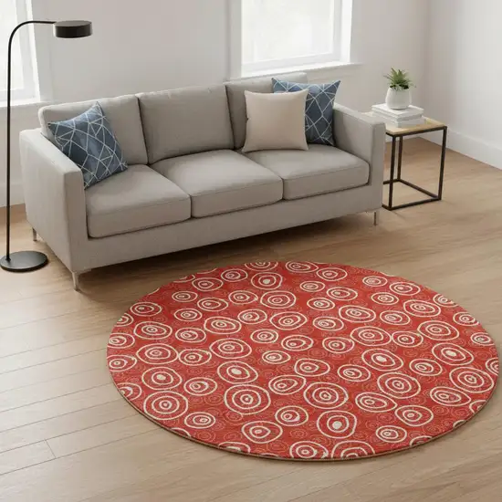 8' Red And Ivory Polka Dot Washable Round Rug With UV Protection Photo 2