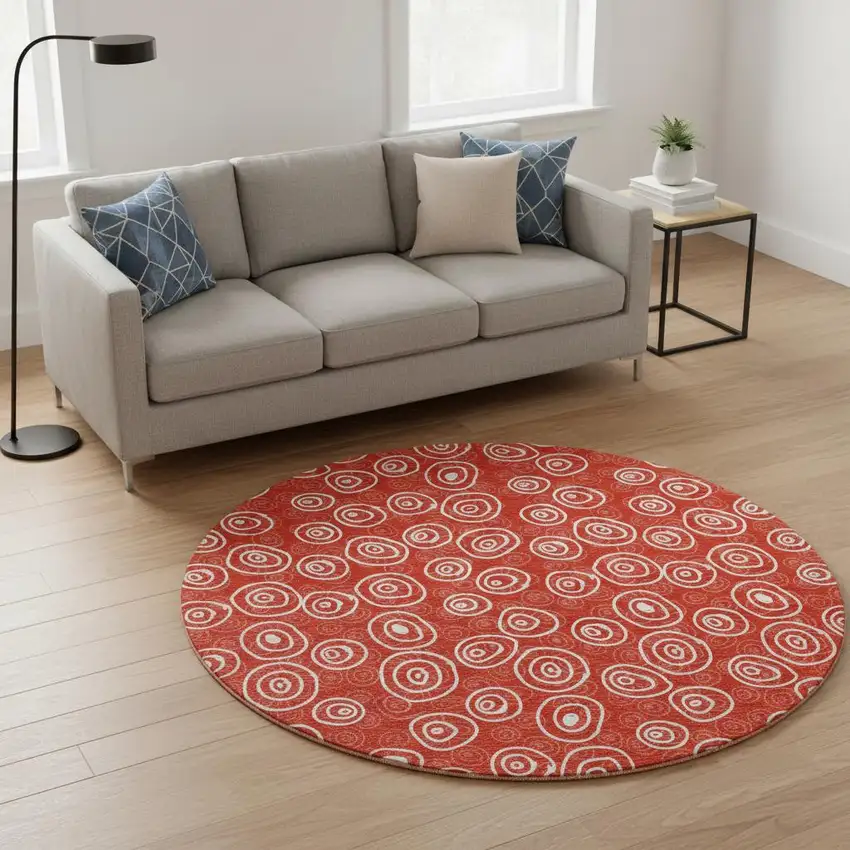8' Red And Ivory Polka Dot Washable Round Rug With UV Protection Photo 2