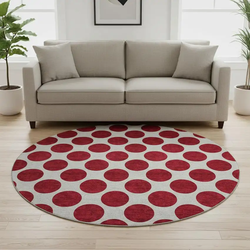 8' Red And Ivory Polka Dot Washable Round Rug With UV Protection Photo 2