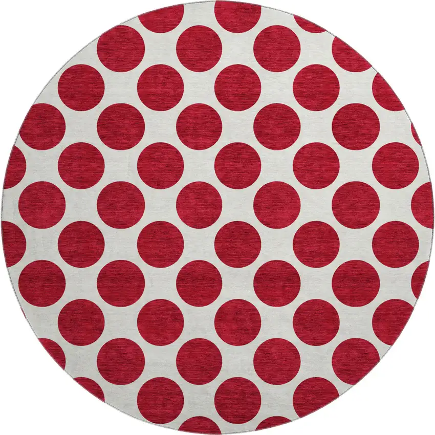 8' Red And Ivory Polka Dot Washable Round Rug With UV Protection Photo 1