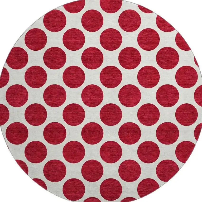 8' Red And Ivory Polka Dot Washable Round Rug With UV Protection Photo 3