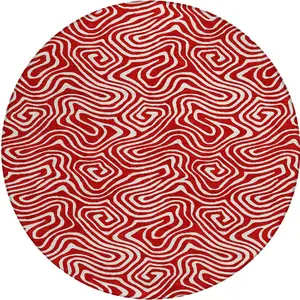 Photo of 8' Red And Ivory Round Abstract Washable Indoor Outdoor Area Rug