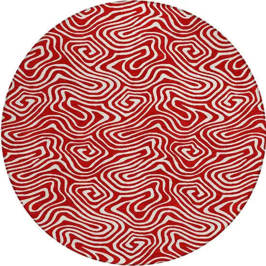 8' Red And Ivory Round Abstract Washable Indoor Outdoor Area Rug Photo 6
