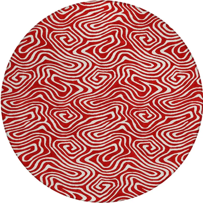 8' Red And Ivory Round Abstract Washable Indoor Outdoor Area Rug Photo 6