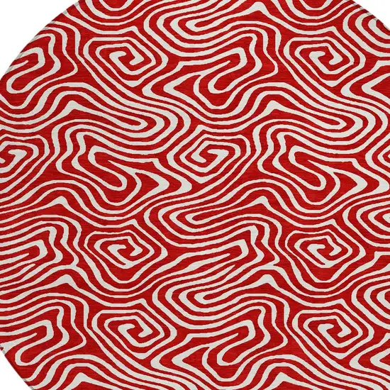 8' Red And Ivory Round Abstract Washable Indoor Outdoor Area Rug Photo 5