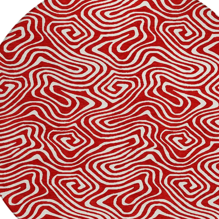 8' Red And Ivory Round Abstract Washable Indoor Outdoor Area Rug Photo 5