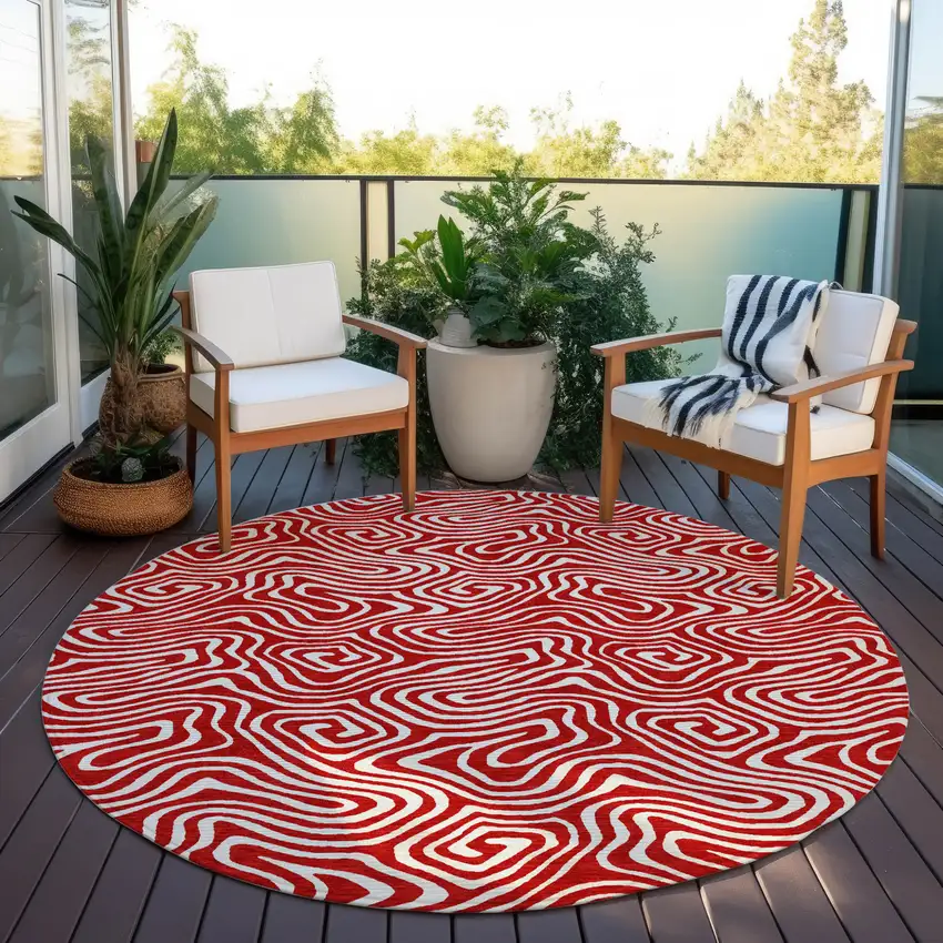 8' Red And Ivory Round Abstract Washable Indoor Outdoor Area Rug Photo 7