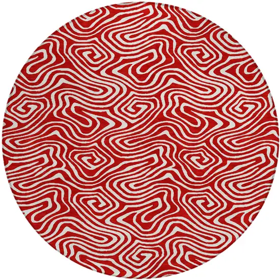 8' Red And Ivory Round Abstract Washable Indoor Outdoor Area Rug Photo 2