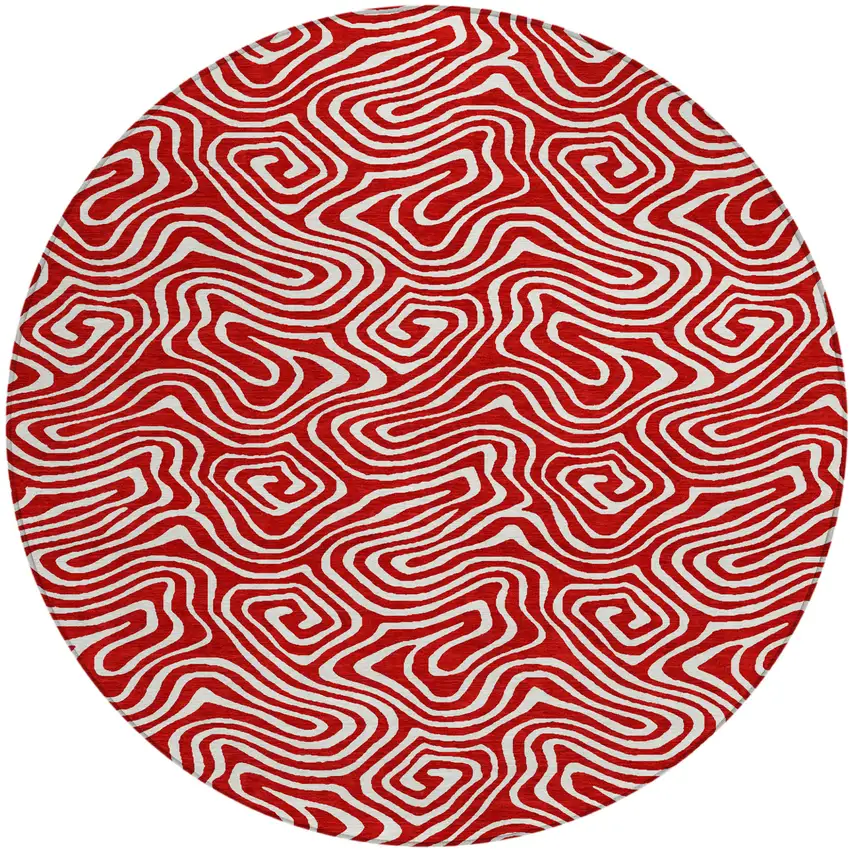 8' Red And Ivory Round Abstract Washable Indoor Outdoor Area Rug Photo 2